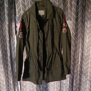 a new day Olive Utility Jacket with Floral Accents